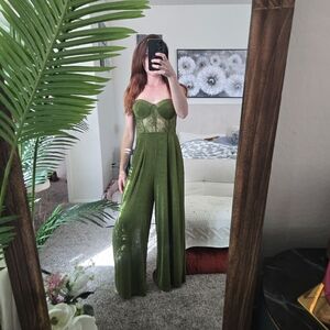 Cider Olive Green Lace Bustier Jumpsuit XS – Wide Leg with Gold Chain Straps
